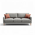 Grijze stoffen bank met houten poten en oranje kussens 200 x 90 x 80cm