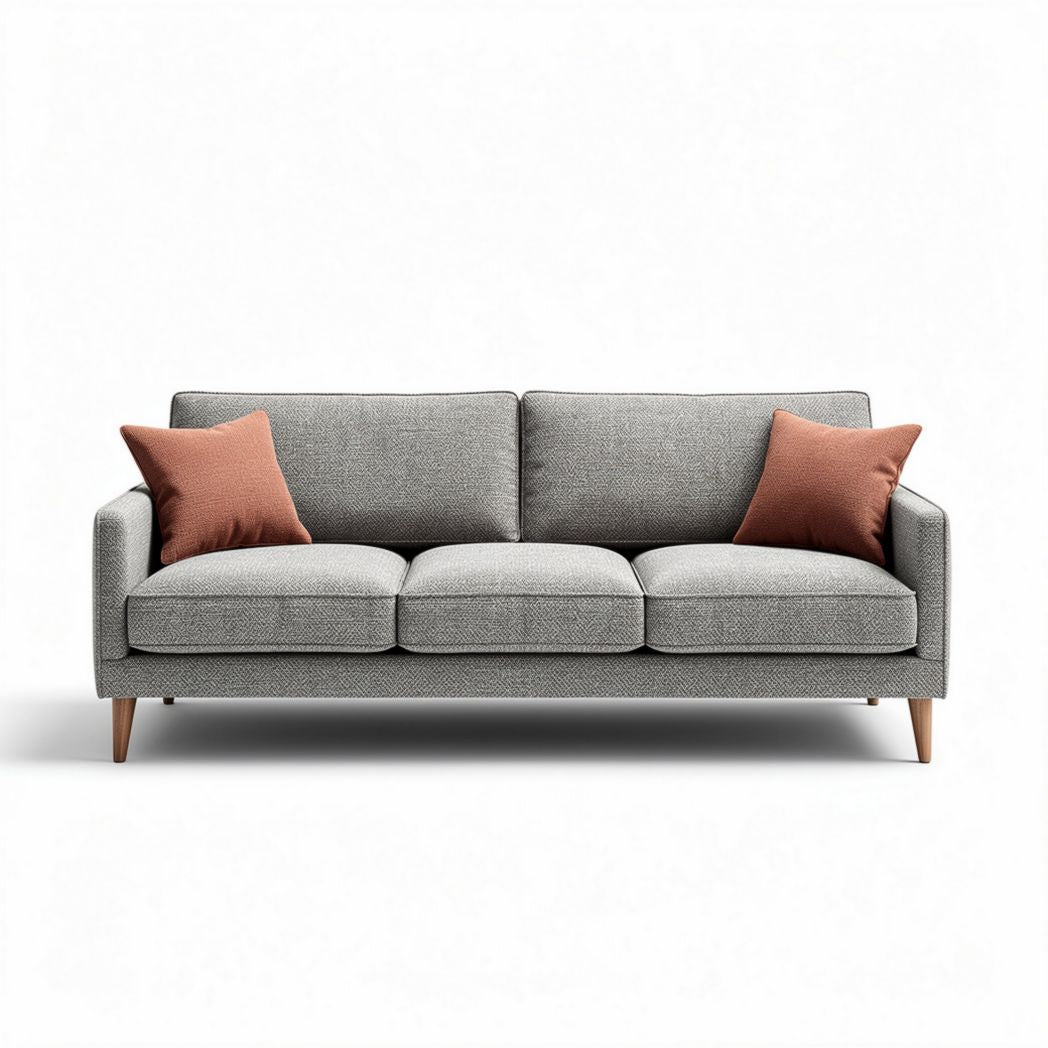 Grijze stoffen bank met houten poten en oranje kussens 200 x 90 x 80cm
