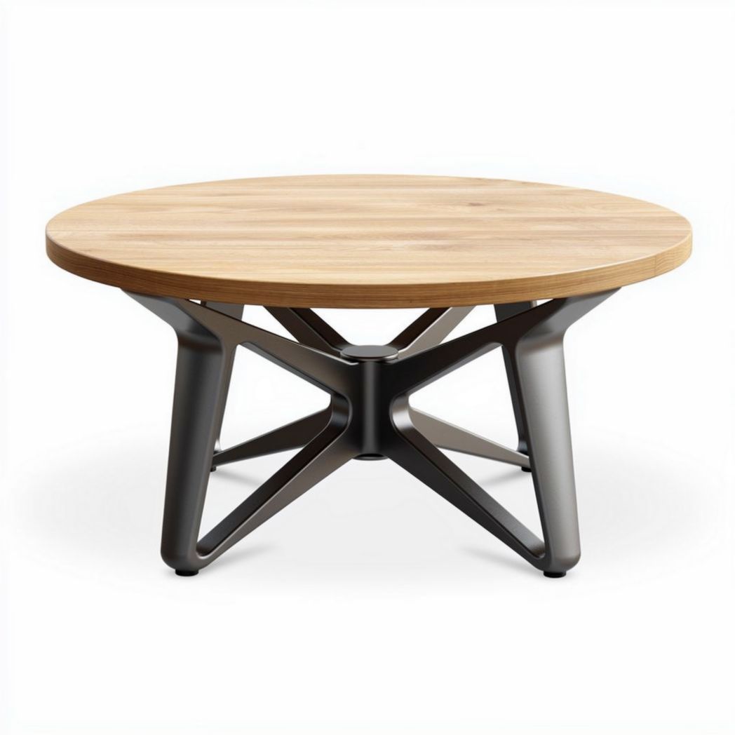 Ronddvormige salontafel van hout met stalen onderstel 70 x 70 x 40cm